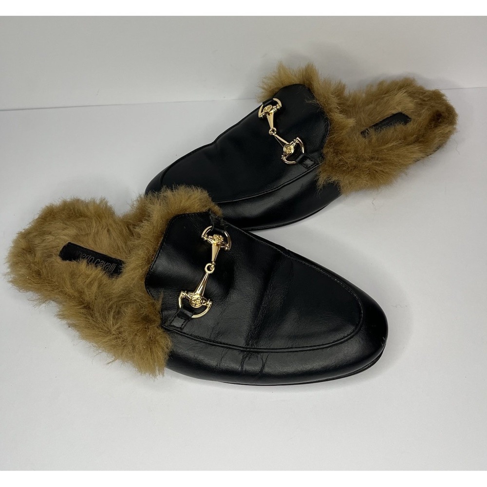 Roberto Cavalli Leather Loafers Mules Slip On Faux Fur Men's 43 US 10 Horsebit